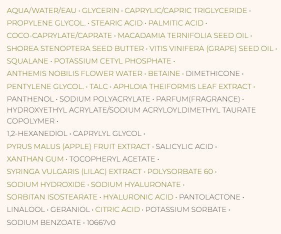 Ingredients of Yves Rocher Anti-Aging Cream