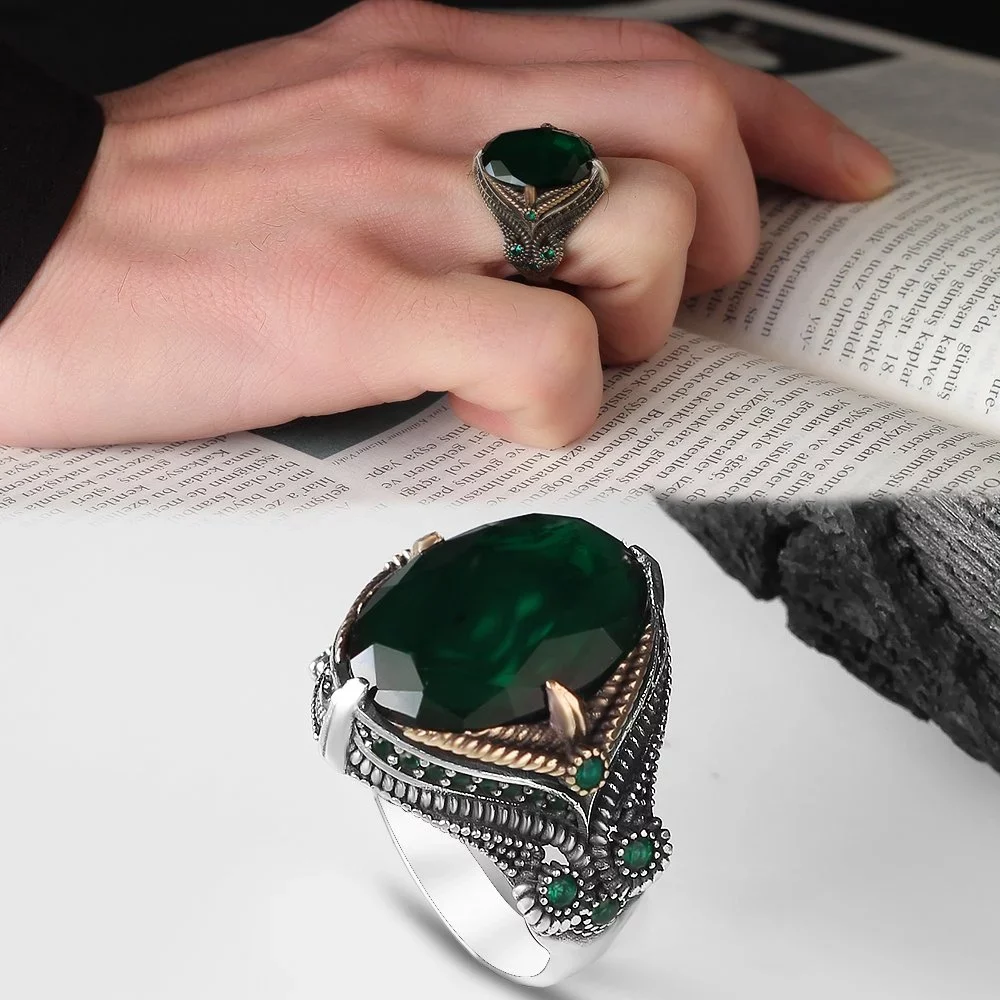 خاتم رجالي فضة عيار 925 بحجر الزركون الزيتي