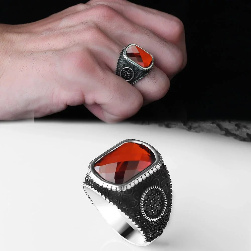 خاتم رجالي فضة عيار 925 بحجر الزركون الاحمر