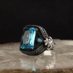 خاتم رجالي من الفضة الإسترليني عيار 925 بحجر أكوا مارين الأزرق
