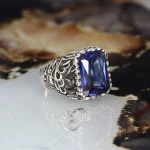 خاتم رجالي فضة إسترليني عيار 925 بحجر الزركون الأزرق البرلماني