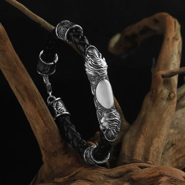 سوار جلد من الفضة الإسترليني 925 للرجال موديل الأسد