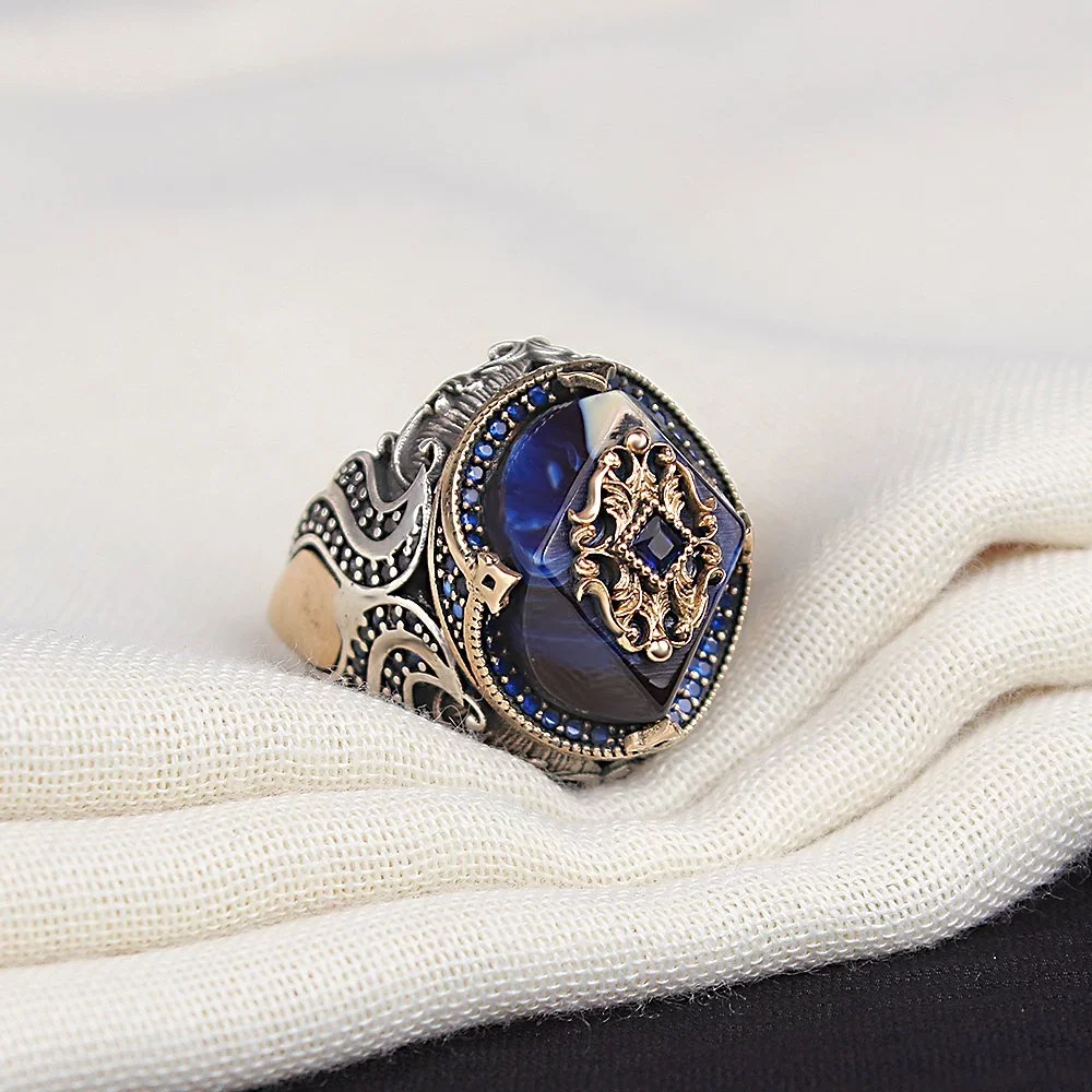 خاتم رجالي من الفضة الإسترليني بحجر العنبر الأزرق عيار 925